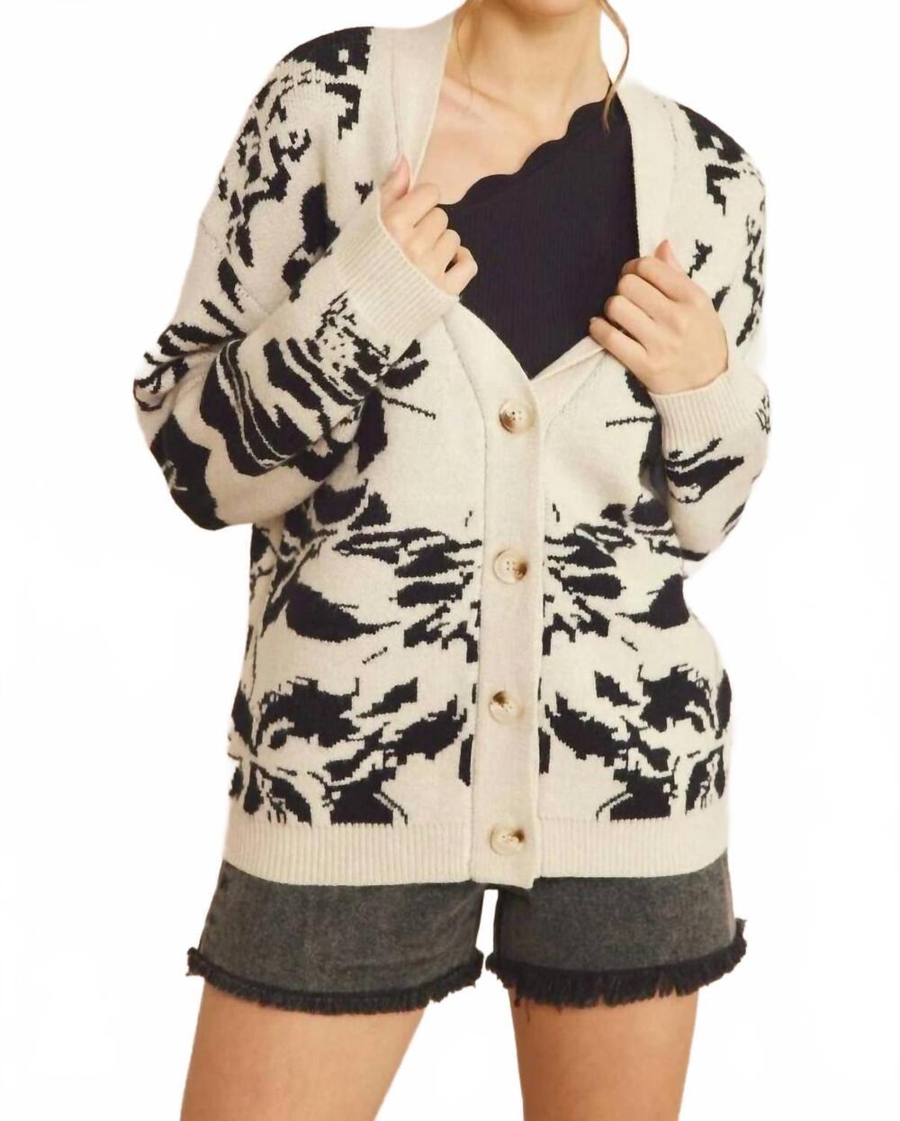 NEW ENTRO women's printed long sleeve cardigan in cream